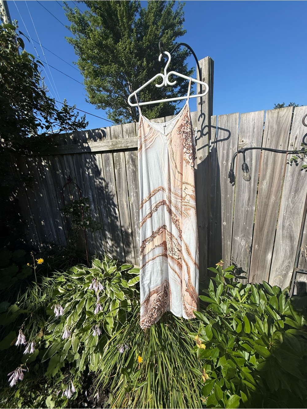 Light Blue and Beige Slip Maxi Dress with Abstract Motif